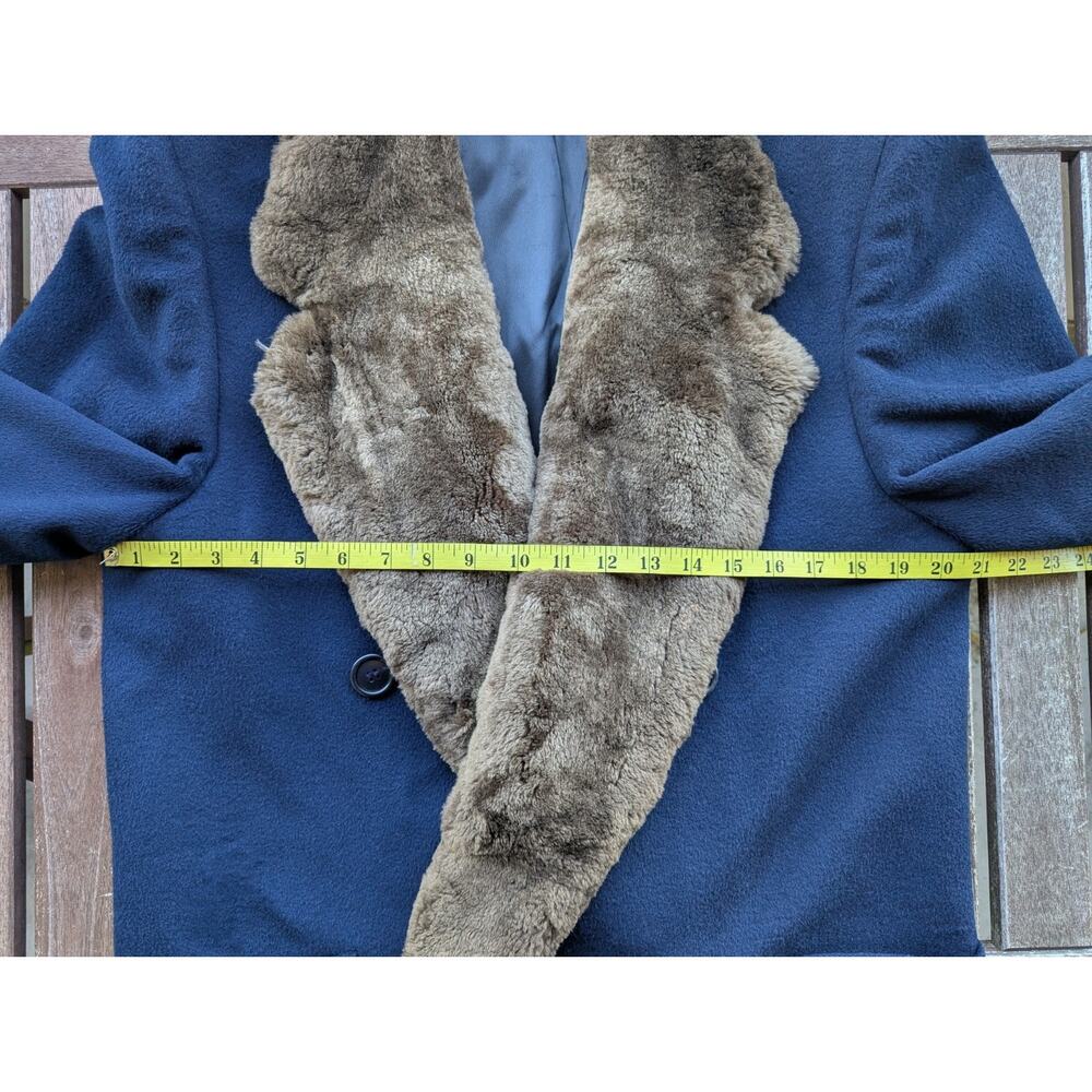 💜Perry Ellis 1980s Navy Wool Maxi Coat Faux Fur Collar - Picture 12 of 15